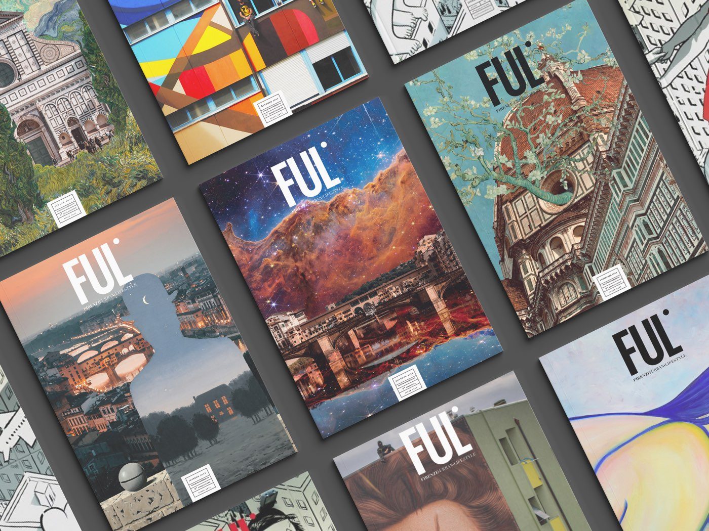 Copertine di FUL Magazine sparse su un tavolo scuro: il Duomo fra i rami in fiore, Ponte Vecchio sotto un cielo di stelle, Santa Maria Novella dipinta