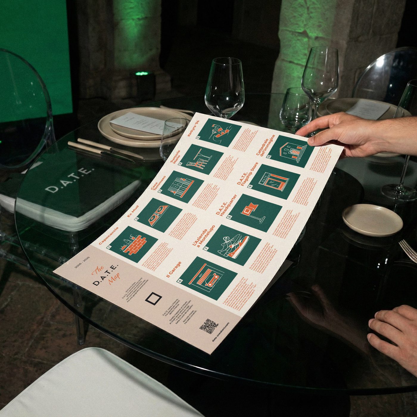 Il retro della mappa di D.A.T.E. aperto su un tavolo, fra i bicchieri