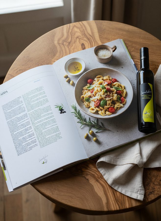 Il libro aperto su una ricetta di pasta, su un tavolo rotondo di legno