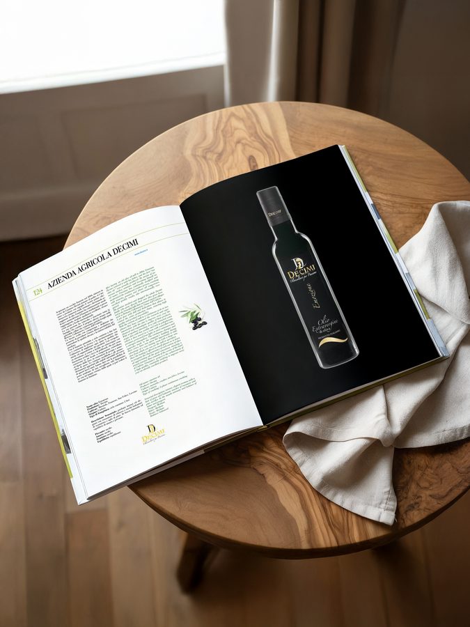 Il libro aperto sulla pagina di una bottiglia d’olio, su un tavolo rotondo di legno