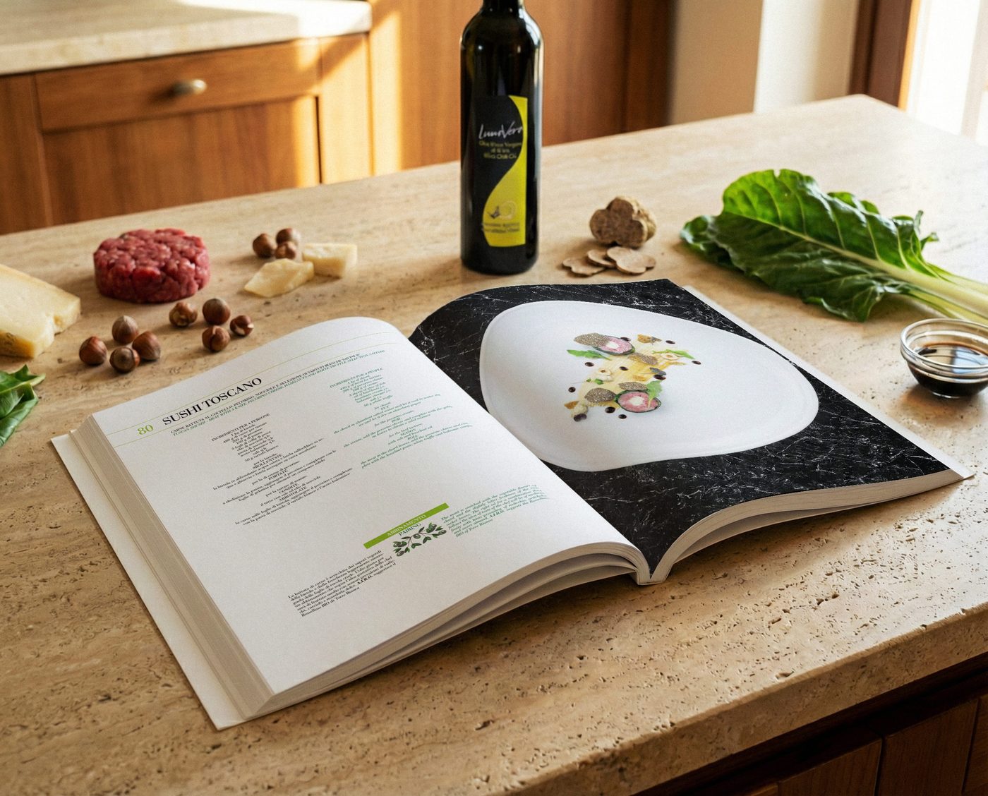 Il libro aperto sul bancone di una cucina, accanto a un piatto