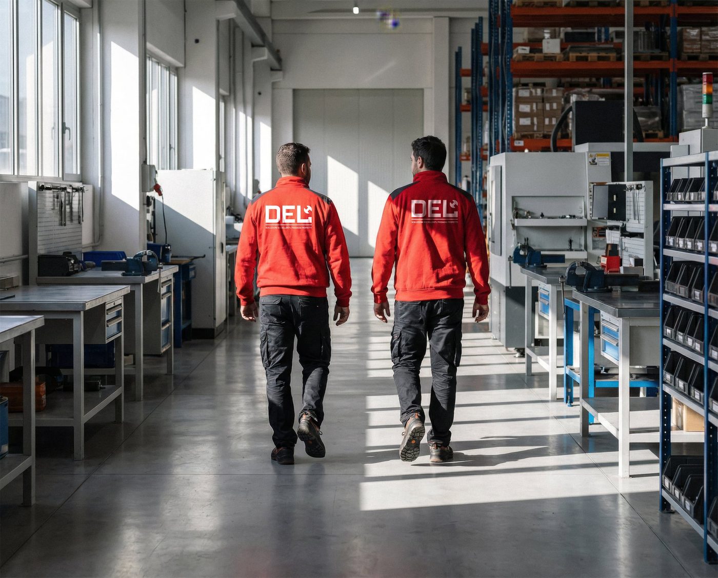 Due operai con le giacche rosse DEL di spalle, in un capannone