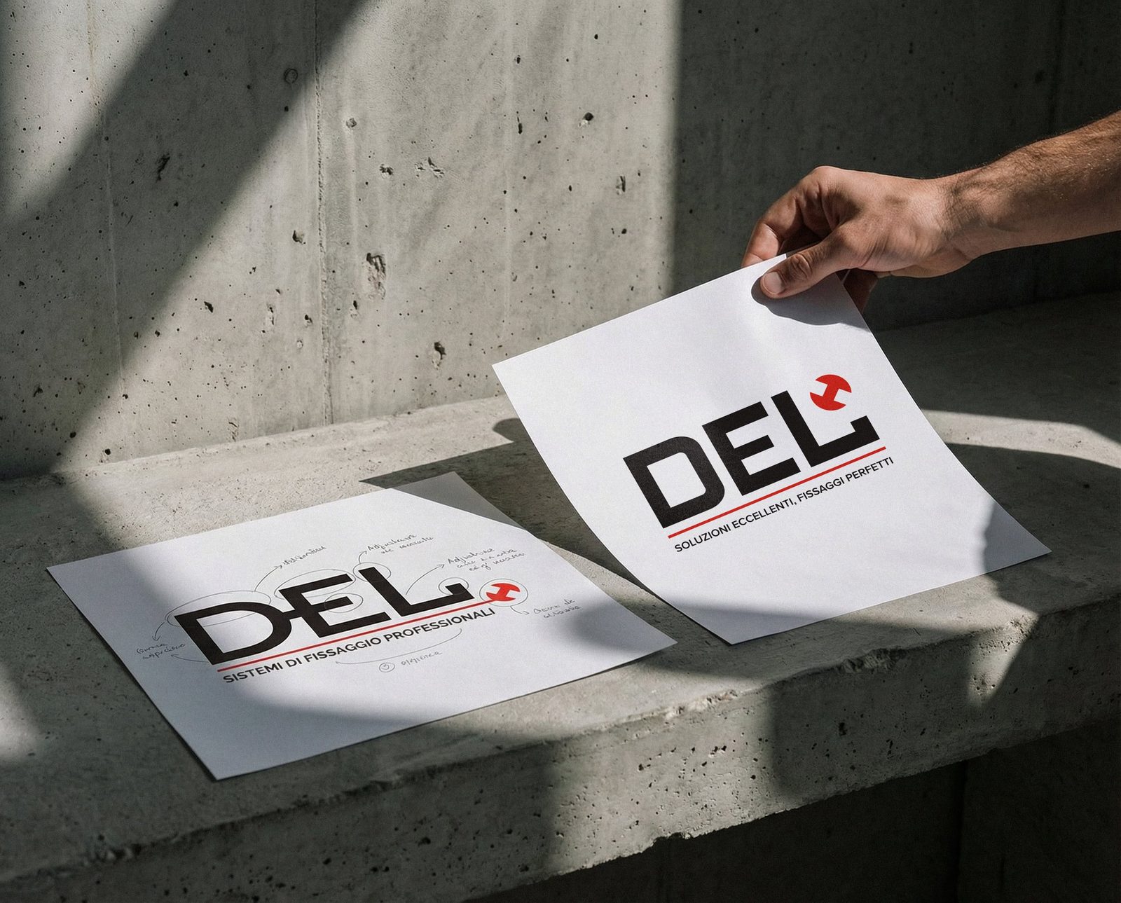 Una mano posa un foglio col nuovo logo DEL su un muro di cemento, dal restyling curato da FUL Agency