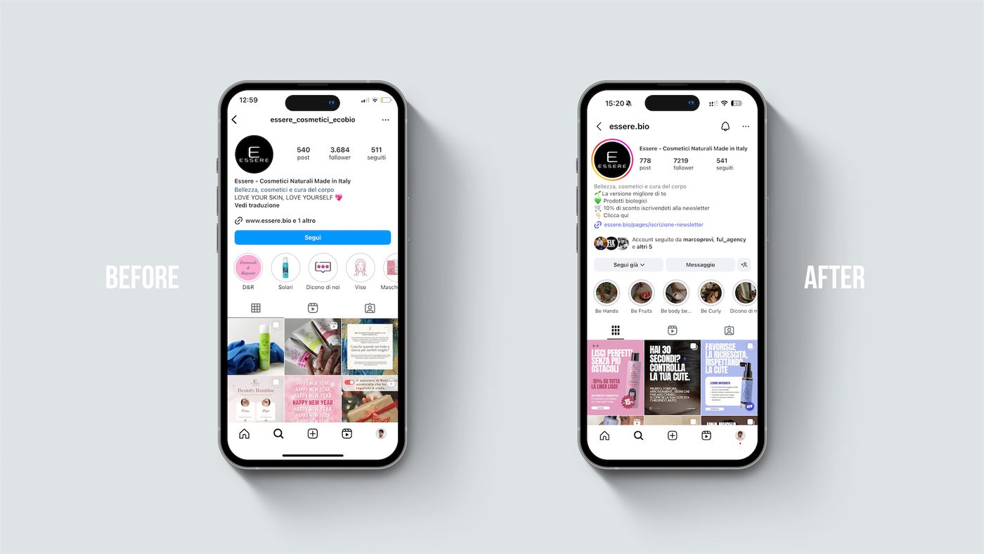 Il profilo Instagram di Essere Bio prima e dopo il nostro lavoro, su due telefoni affiancati