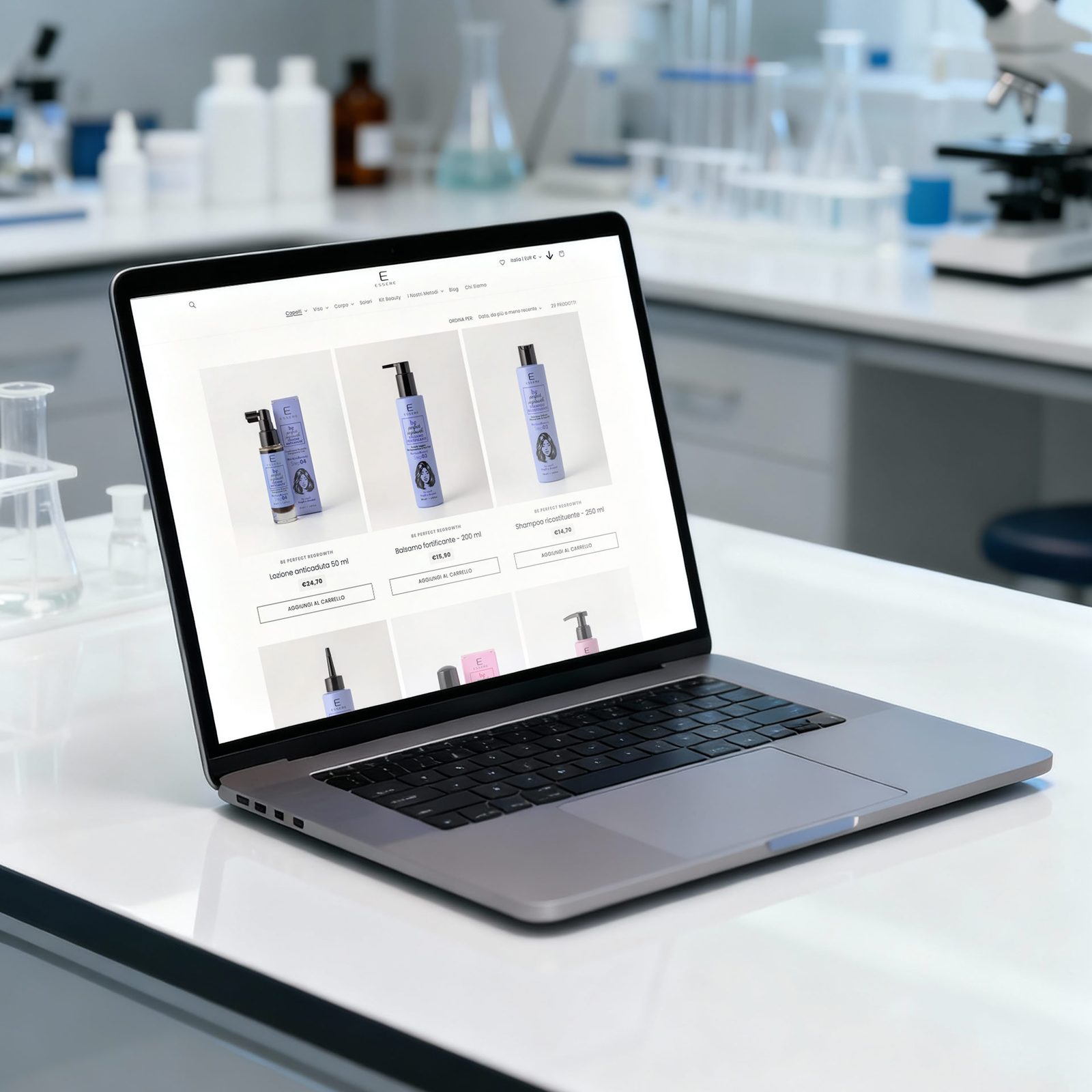 Il sito di Essere Bio aperto su un portatile, sul bancone bianco di un laboratorio: l’e-commerce su Shopify curato da FUL Agency