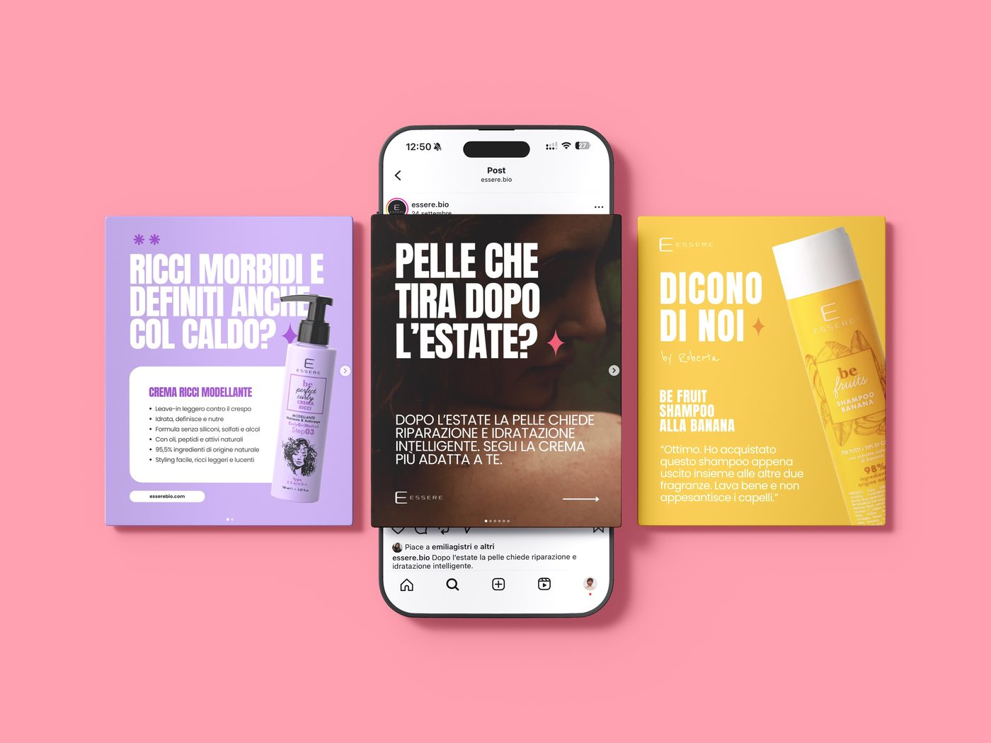Un telefono col profilo Instagram di Essere Bio e due post della campagna, su fondo rosa