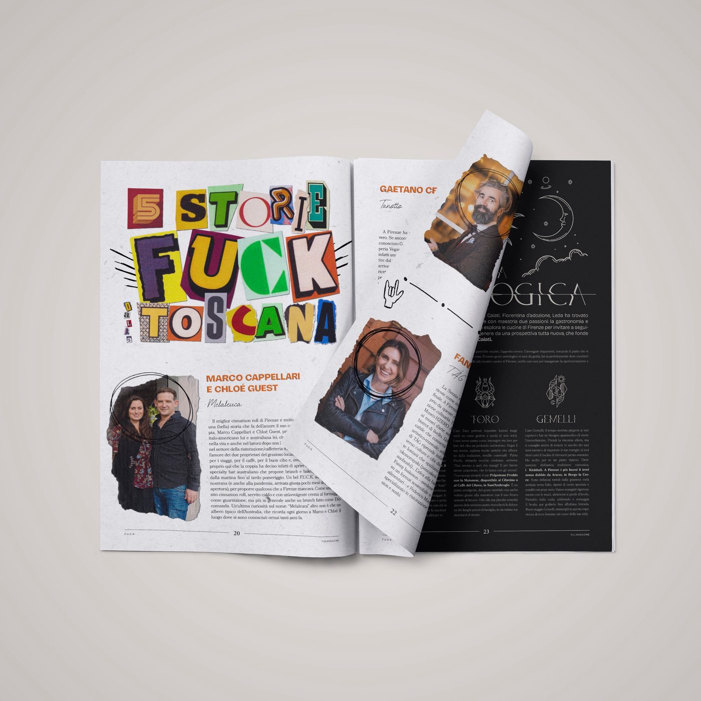 F.U.C.K. Magazine aperto su un articolo con le lettere colorate