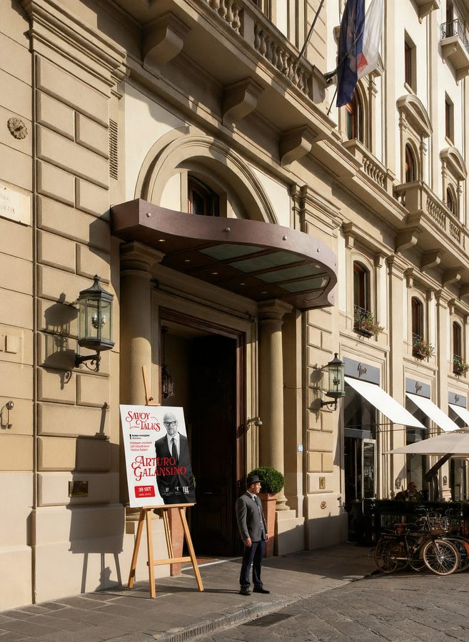 L’ingresso dell’Hotel Savoy su Piazza della Repubblica, col cavalletto dei Savoy Talks