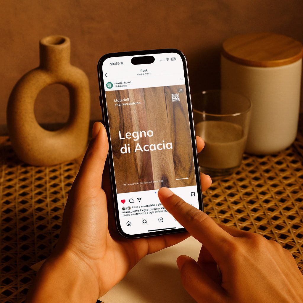 Due mani tengono un telefono con un post di Novità Home, fra i vasi di ceramica