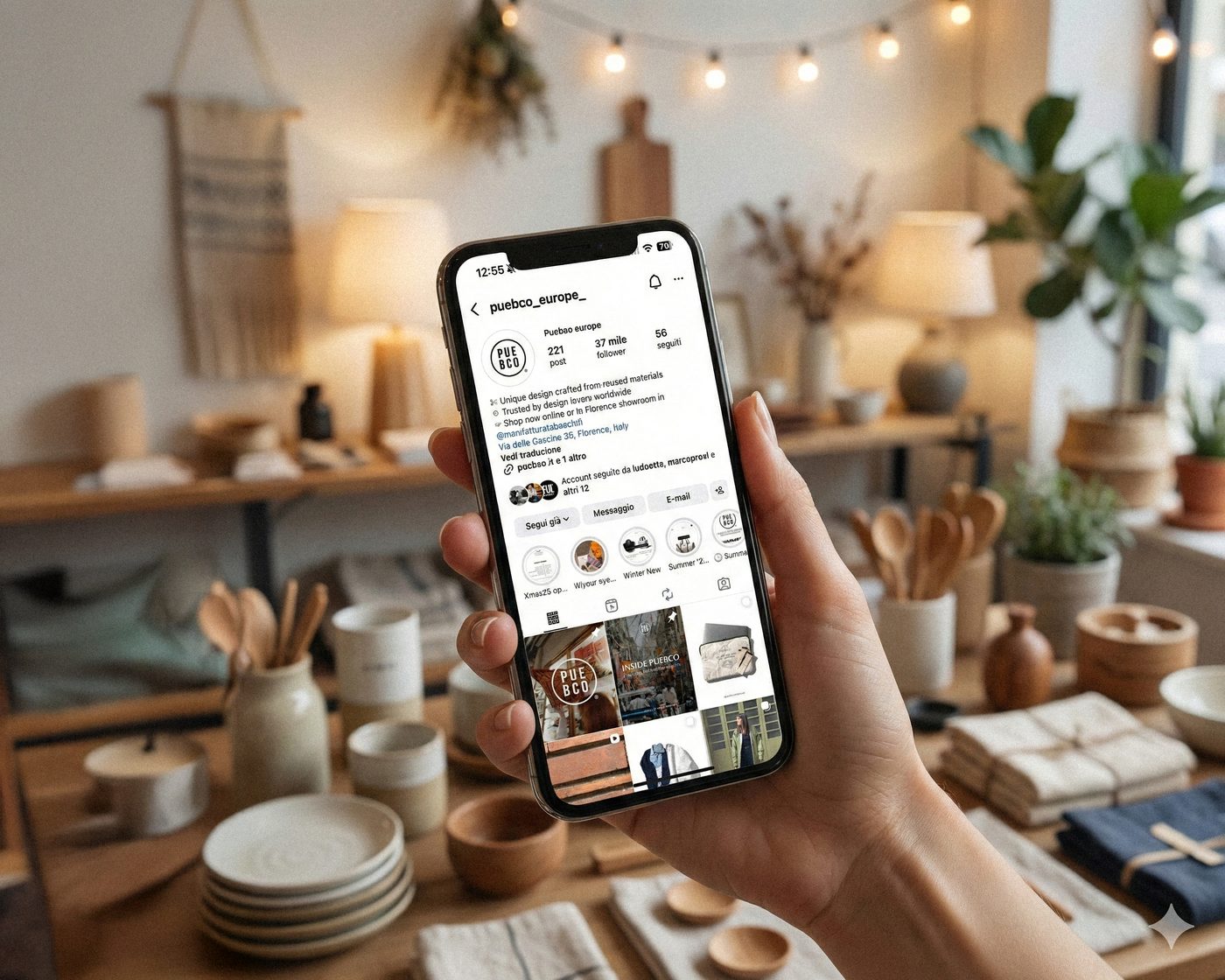 Un telefono col profilo Instagram di Puebco Europe, in una bottega di ceramiche