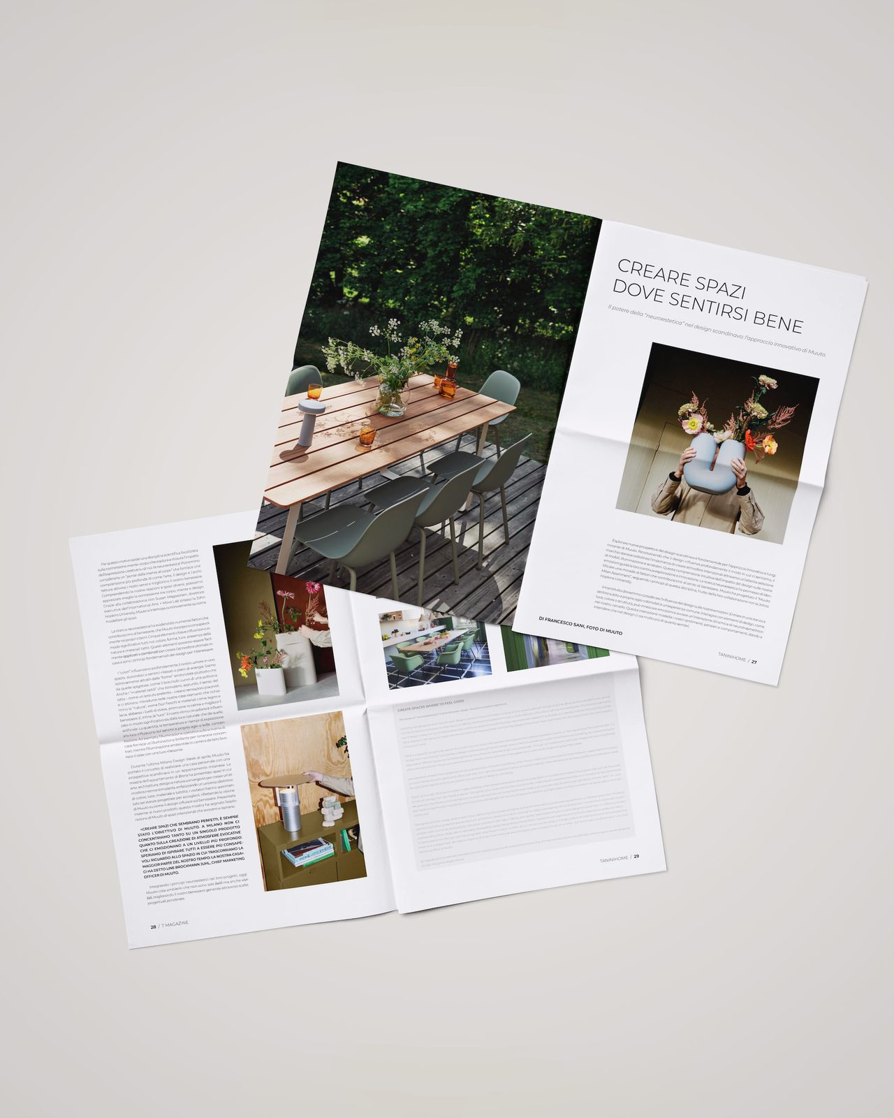 Due pagine di T Magazine con foto di interni e piante: la rivista di TaniniHome impaginata da FUL Agency