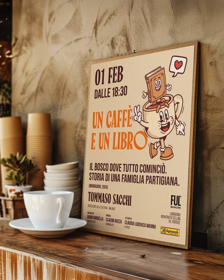 Il poster di Un caffè e un libro appoggiato sul bancone di Ditta Artigianale